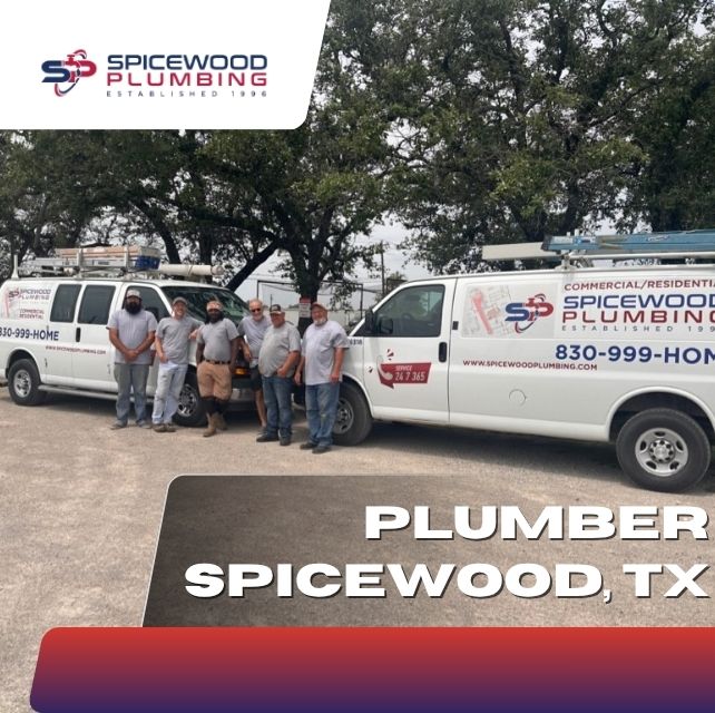 Spicewood Plumbing team standing beside branded service trucks in Spicewood, TX.