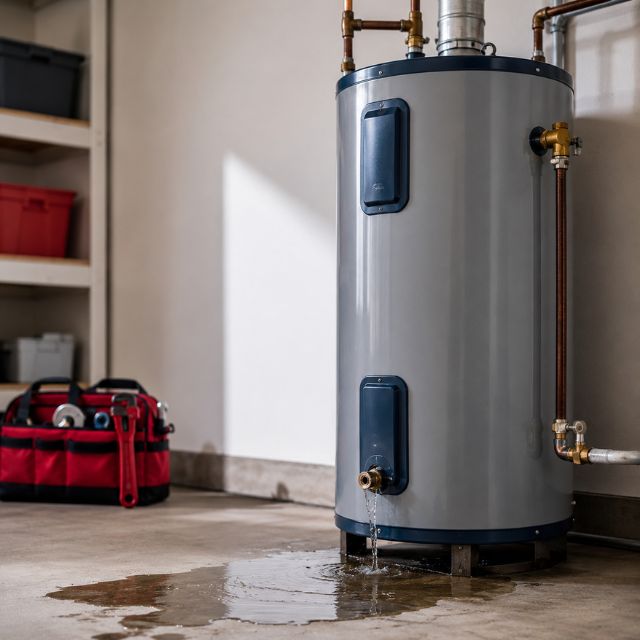 Leaking tank water heater in a residential utility room awaiting professional repair in Spicewood, TX.