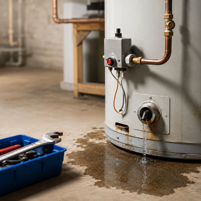 Residential water heater leaking from the bottom with standing water